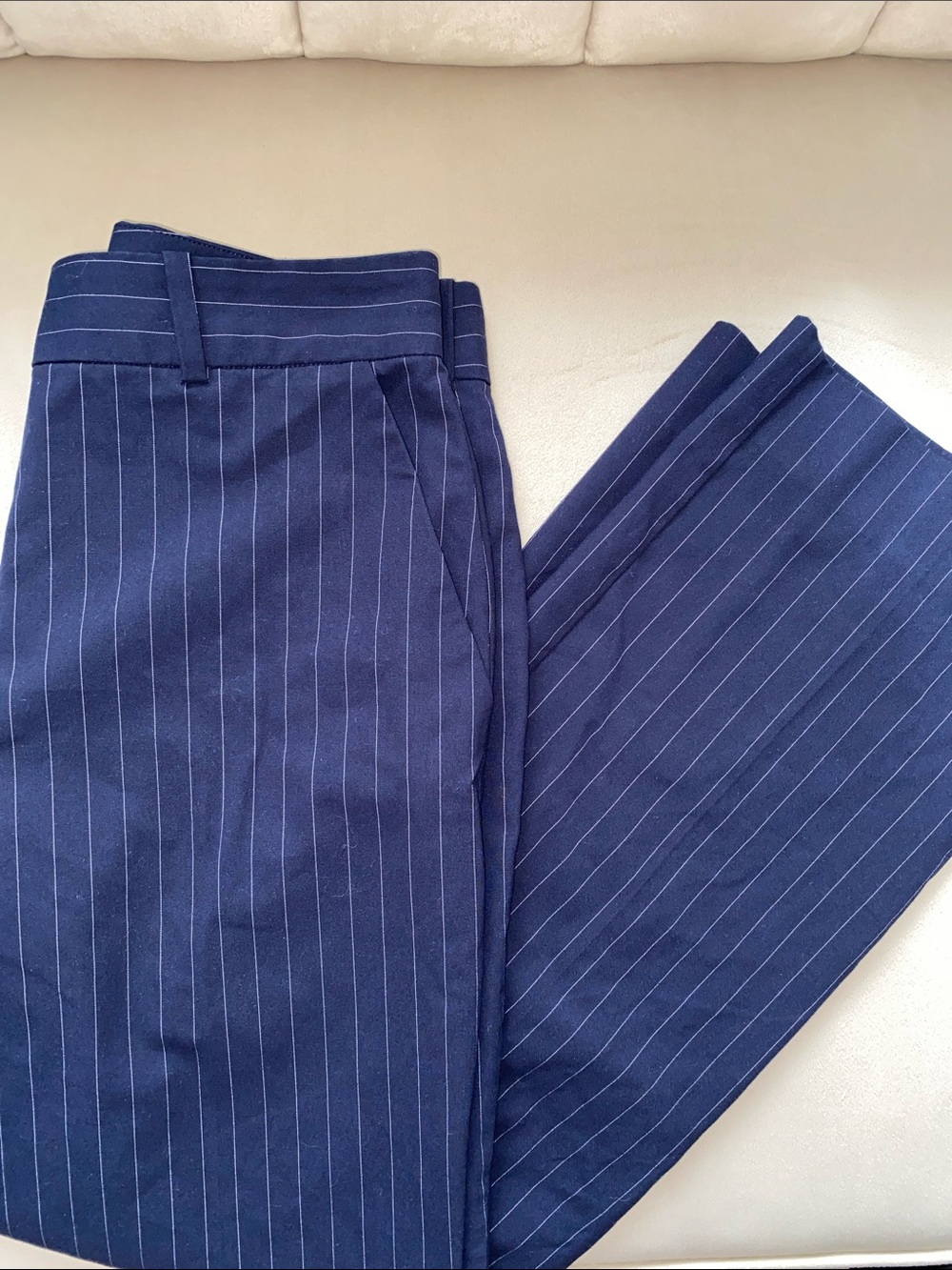 Navy Pinstripe High-Rise Trousers